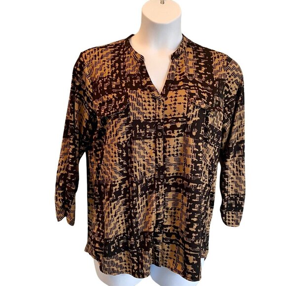Faded Glory Black and Tan Button Down 3/4 Sleeve Top Women's Size XL - Picture 2 of 7
